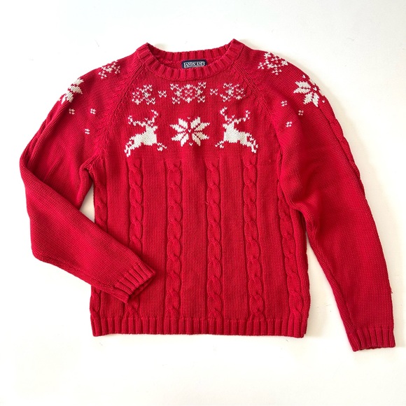 Lands’ End Classic Red Reindeer Cotton Crewneck Christmas Sweater - Picture 6 of 6